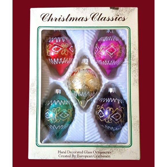 Vtg Christmas Classics Blown Glass Teardrop Ornaments Set Hand Decorated Romania - Picture 3 of 4